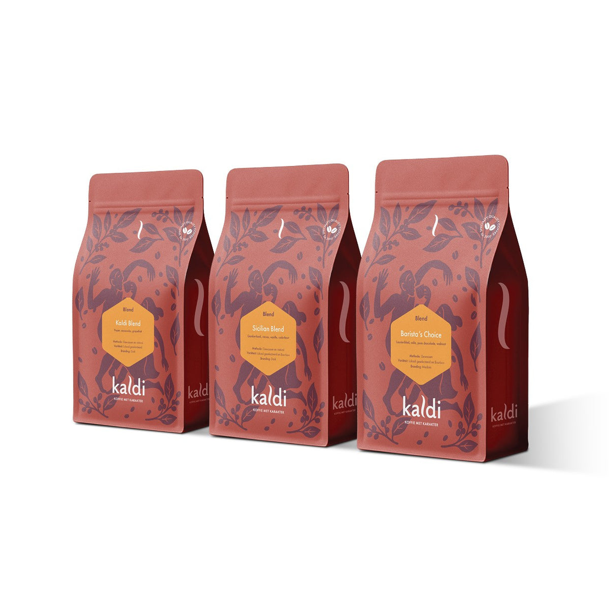 Kaldi Classics: de huidige verpakkingen van Kaldi Blend, Sicilian Blend en Barista’s Choice