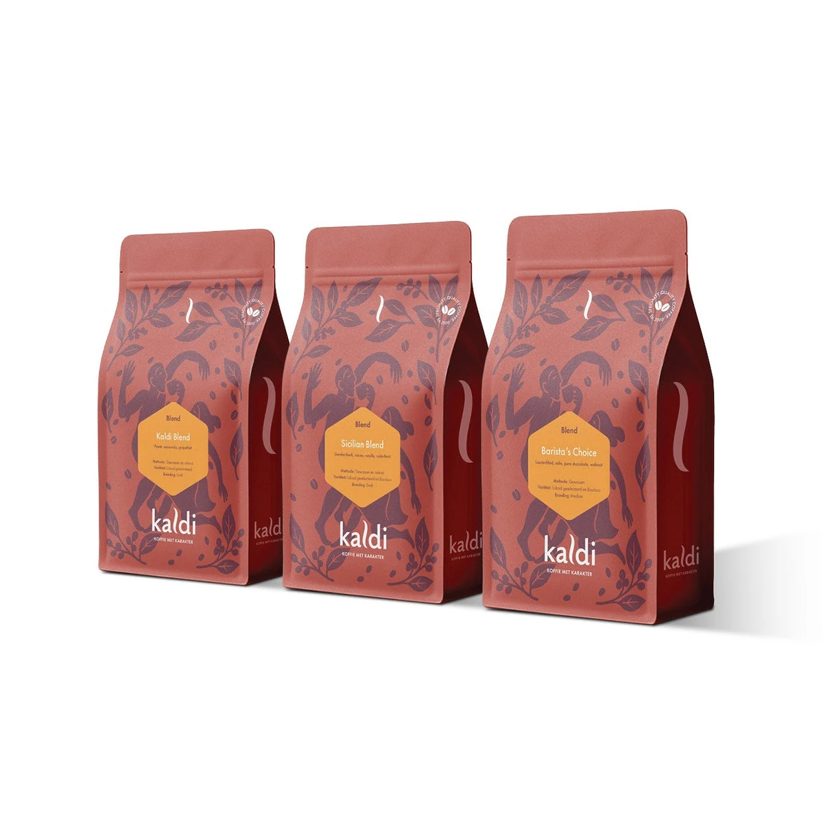Kaldi Classics: de huidige verpakkingen van Kaldi Blend, Sicilian Blend en Barista’s Choice